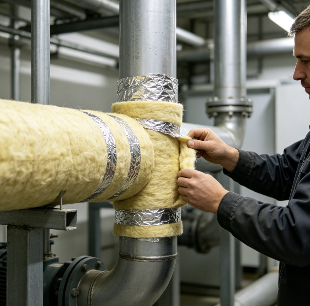 technician installing rock wool blanket insulation with aluminum foil facing on industrial metal piping inside factory
